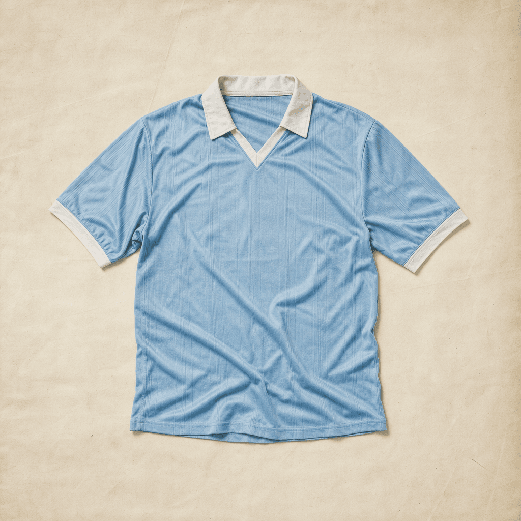 A faded sky blue football jersey laid out flat on cream paper, stamped Gone
