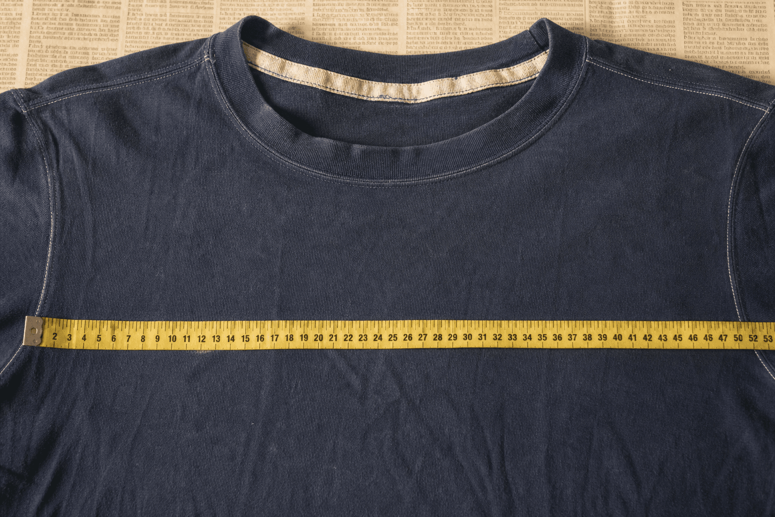 A tape measure laid flat across the chest of a faded navy football jersey