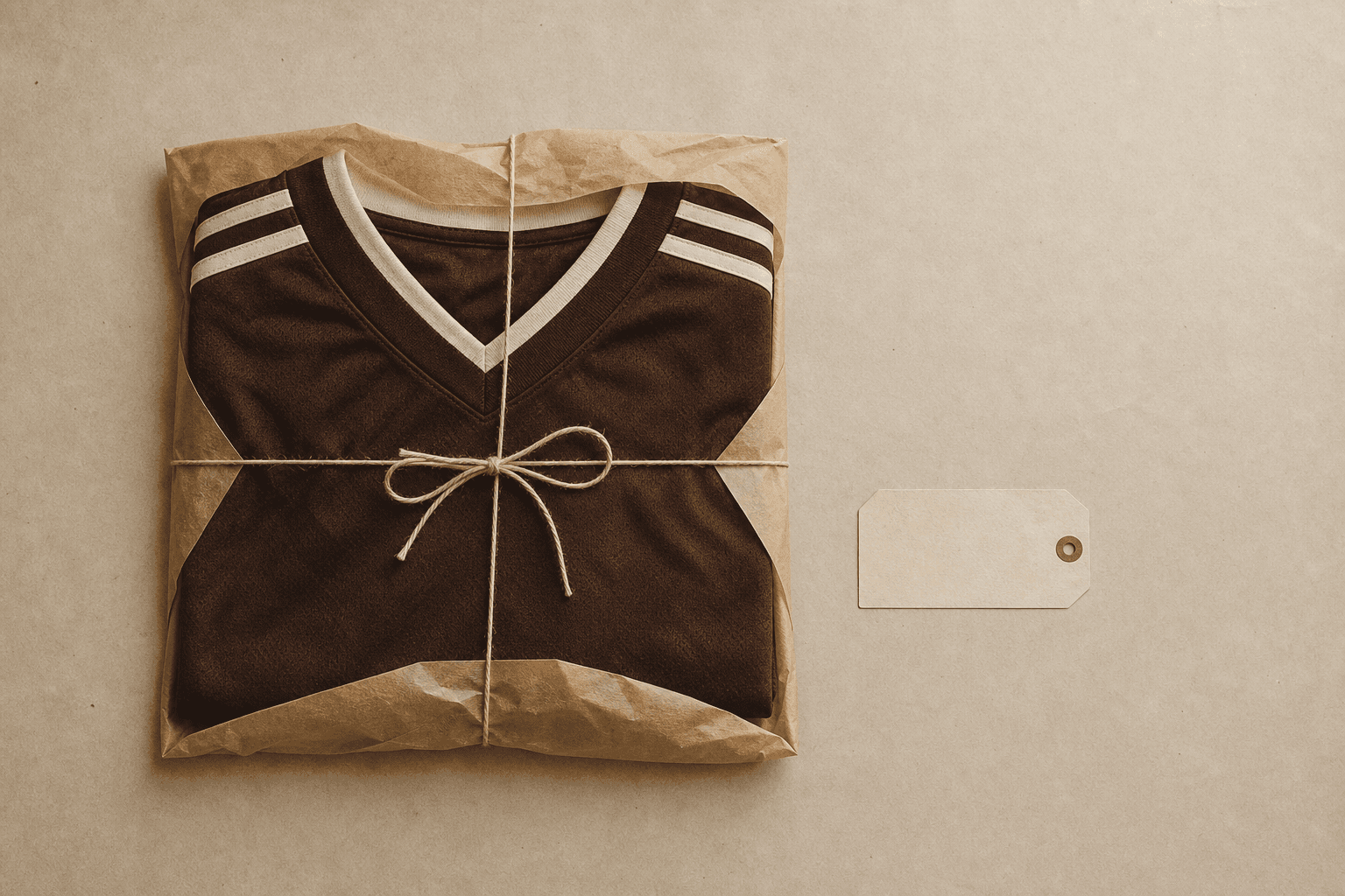 A folded jersey wrapped in kraft paper and tied with string, beside a blank label